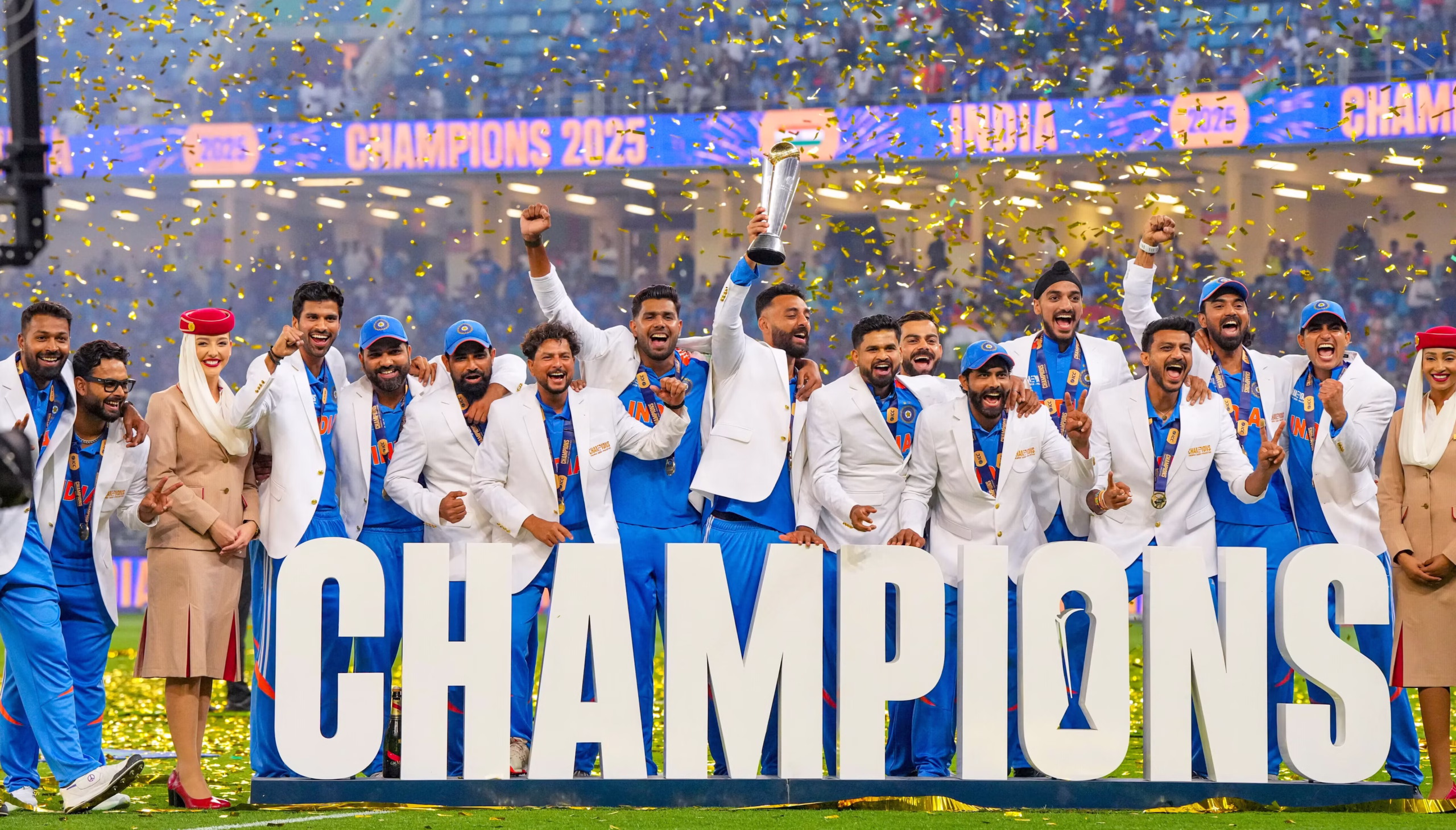 Indian cricket team celebrates Champions Trophy victory as spinners dominate and Rohit Sharma delivers a match-winning performance
