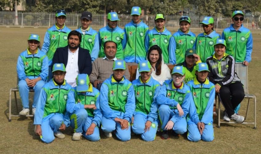 Pakistan Women's Blind Cricket Team celebrates after their victory over Australia in the T20 opener