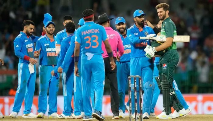 Indian cricket team players walking off the field during an international match