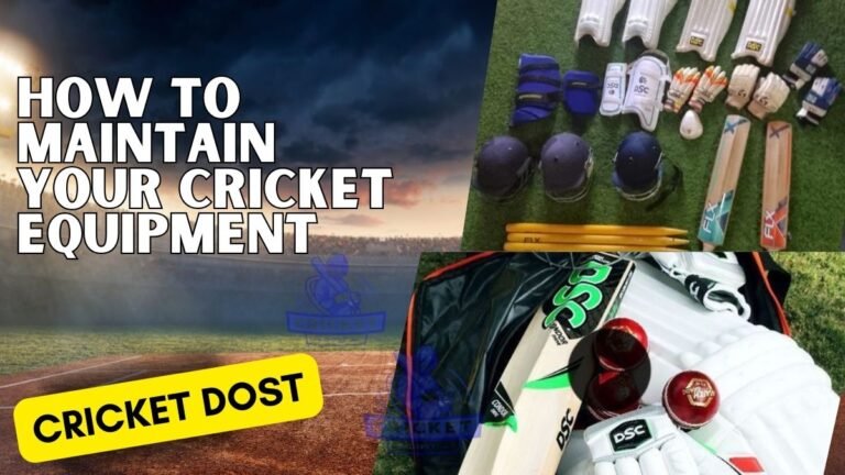 Cleaned and well-maintained cricket bat, gloves, and helmet placed neatly on a cricket field